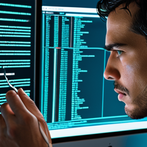Home 11 **AI Fact-Checker:** A futuristic, digital detective with magnifying glass examining lines of code and data streams flowing across a screen. Emphasize a high-tech, slightly cyberpunk aesthetic. The detective is looking for disinformation and false patterns within the Portuguese news.