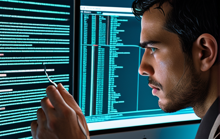 **AI Fact-Checker:** A futuristic, digital detective with magnifying glass examining lines of code and data streams flowing across a screen. Emphasize a high-tech, slightly cyberpunk aesthetic. The detective is looking for disinformation and false patterns within the Portuguese news.