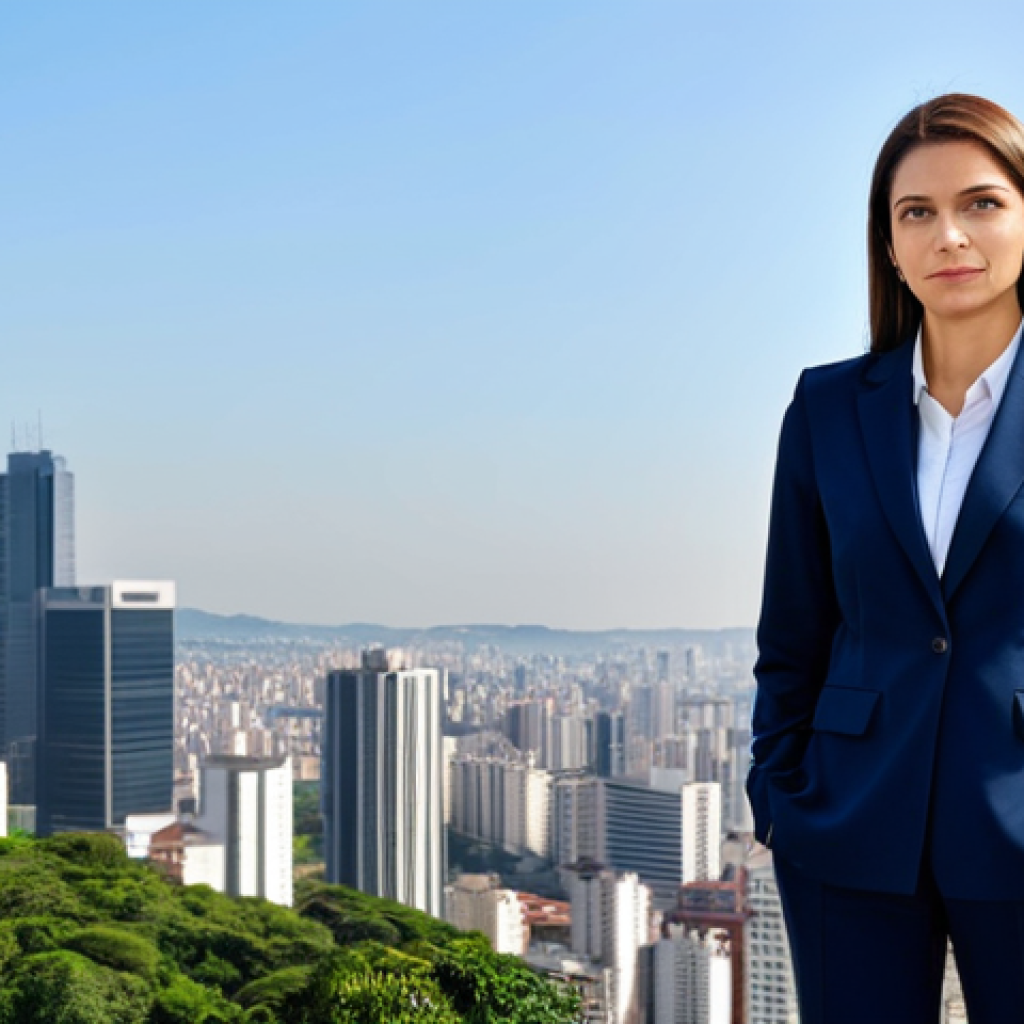 **

"A businesswoman in a modest, dark blue suit, standing confidently in front of the São Paulo skyline during the day, fully clothed, appropriate attire, safe for work, perfect anatomy, natural proportions, professional headshot, high quality."

**
