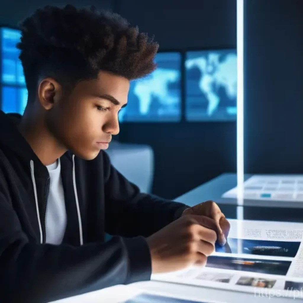 가짜뉴스 판별법 워크숍 개최 - **Prompt:** A young person, approximately 18-25 years old, gender-neutral, is deeply engrossed in th...