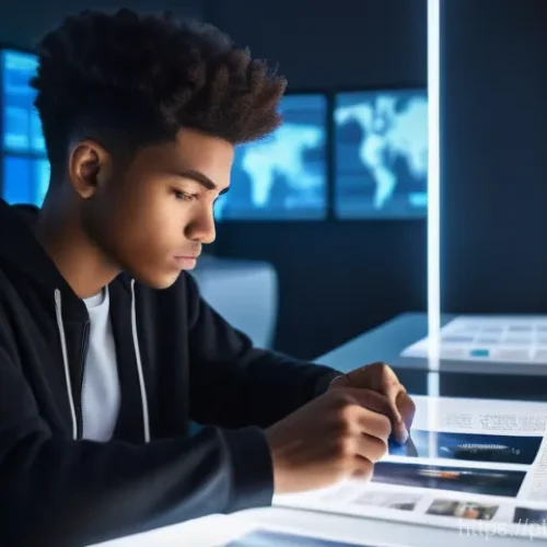 Home 23 가짜뉴스 판별법 워크숍 개최 - **Prompt:** A young person, approximately 18-25 years old, gender-neutral, is deeply engrossed in th...