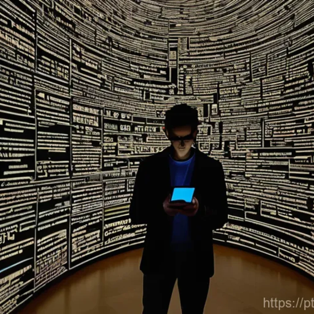 가짜뉴스의 언어적 특징 - **Prompt 1: The Labyrinth of Digital Information**
"A person, visibly overwhelmed and wearing co...