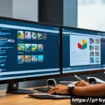 Home 22 가짜뉴스와 소비자의 신뢰 - A modern digital workspace scene showing a young Brazilian journalist analyzing multiple news source...