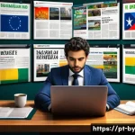 Home 21 가짜뉴스의 대처 방안 - A detailed digital illustration of a Brazilian news reader sitting at a modern desk, surrounded by m...