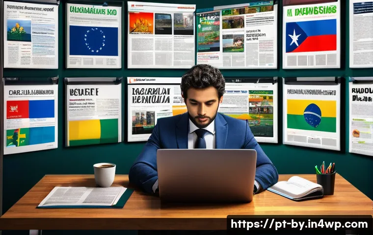 가짜뉴스의 대처 방안 - A detailed digital illustration of a Brazilian news reader sitting at a modern desk, surrounded by m...
