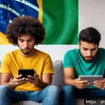 Home 18 가짜뉴스의 심리학적 요인 - A diverse group of young Brazilian adults sitting around a modern living room, each holding smartpho...